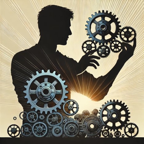An engineer holding and attempting to assemble several gear designs