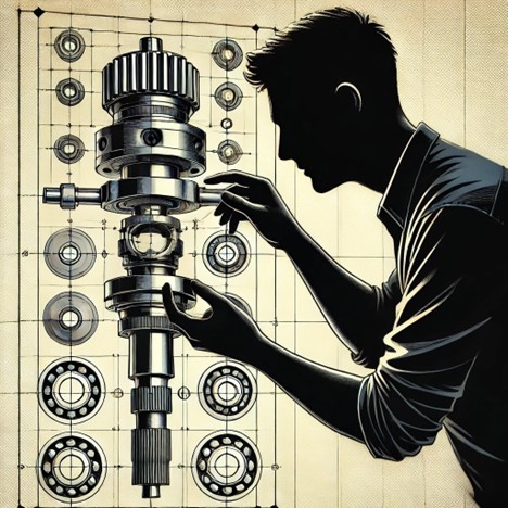 A silhouetted designer assembling a mechanical assembly consisting of a shaft and a bearing