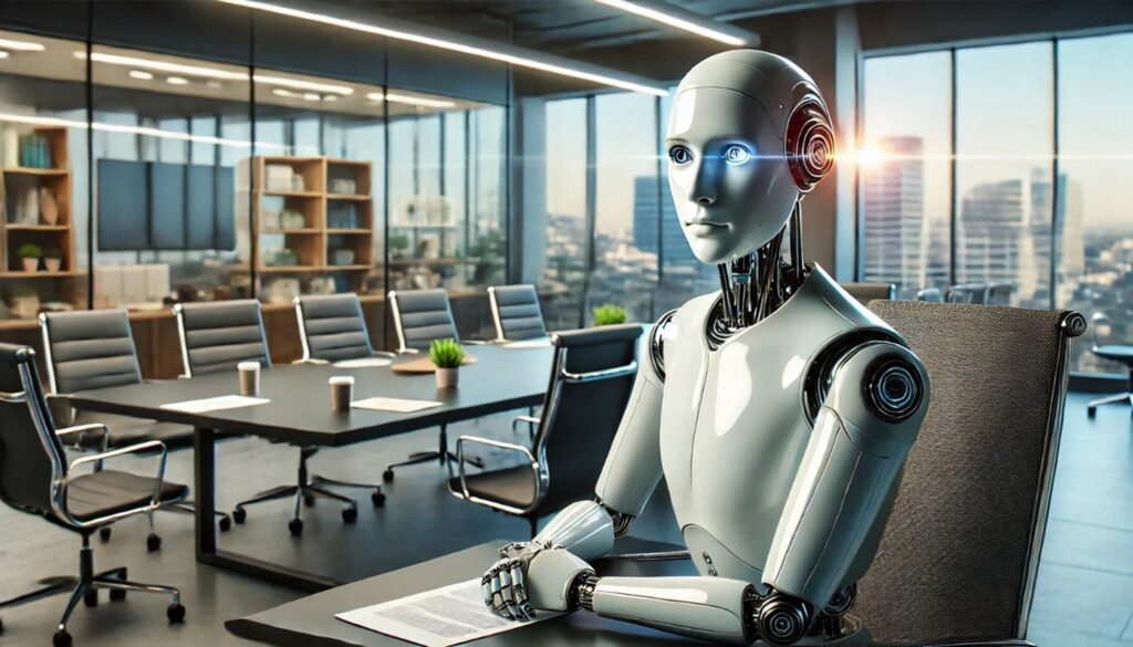 An android automaton sitting in an office meeting room, appearing thoughtful