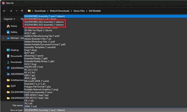 SOLIDWORKS Save menu displaying backward compatibility options