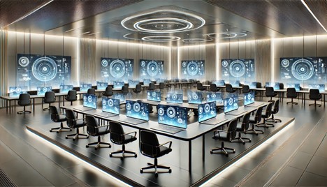 An advanced digital training environment with rows of modern desks for professional students, subtle holographic interfaces, and a sleek, high-tech atmosphere.