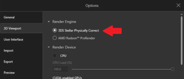 Screenshot of the SOLIDWORKS Visualize 2025 settings panel, showcasing the 3DS Stellar Physically Correct rendering engine as the default choice for superior rendering quality.