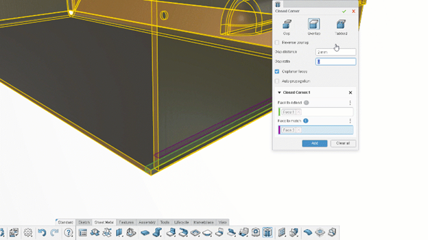A demonstration of the Closed Corner feature in 3D SheetMetal Creator, highlighting options like gap, overlap, and tabbed configurations to close gaps between flanges for improved alignment and manufacturability.