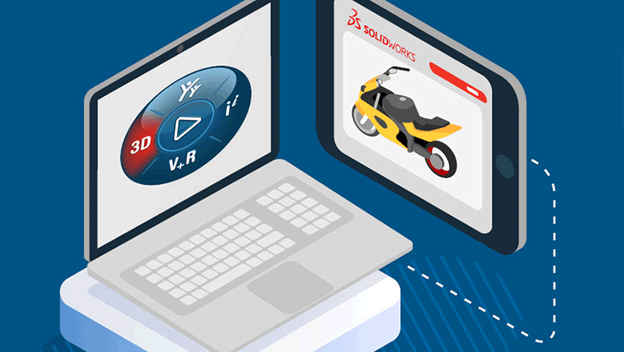 An illustration of a laptop displaying the 3DEXPERIENCE compass interface, alongside a tablet showing a SOLIDWORKS design of a motorcycle, representing cloud-based collaboration.