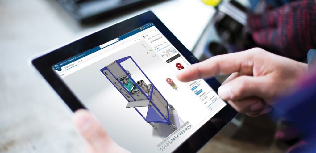 A person using a tablet to interact with a 3D model of an industrial machine on the 3DEXPERIENCE platform.