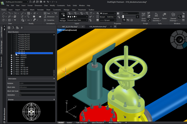 A DraftSight model displaying a piping assembly with detailed valve components. The Block Structure Manager is open, emphasizing efficient component organization and editing within complex assemblies.