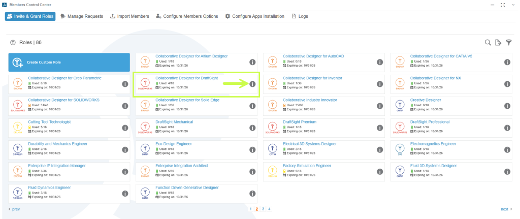 3DEXPERIENCE interface displaying user role management with a preview of permissions associated with each role.