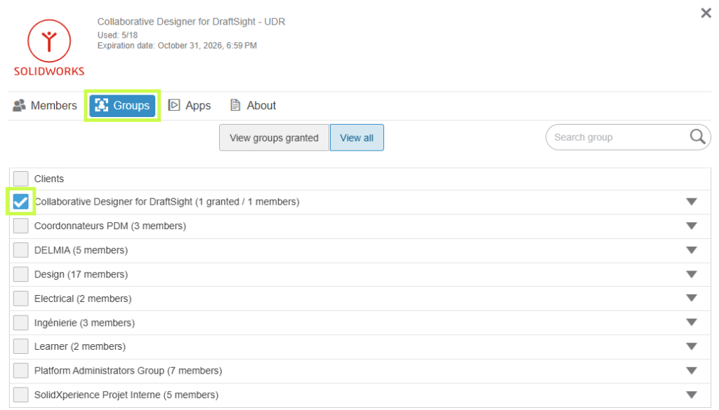 3DEXPERIENCE administration screen illustrating user role management and access rights structure within the platform.