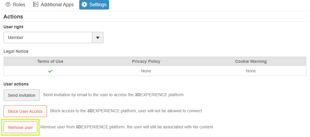 3DEXPERIENCE user role management interface showing available roles and their assignment to organization members.
