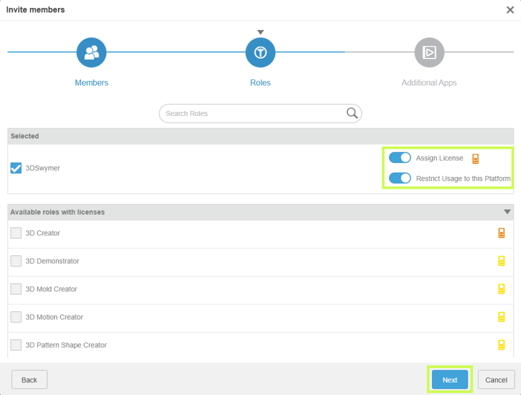 3DEXPERIENCE administration panel showing user profile management and associated role configuration.