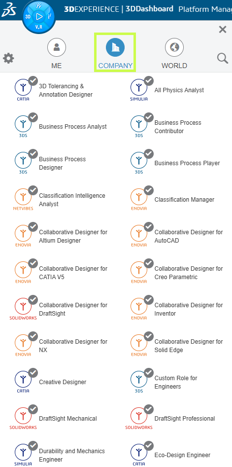 3DEXPERIENCE administration screen displaying a user list and their assigned roles configuration.