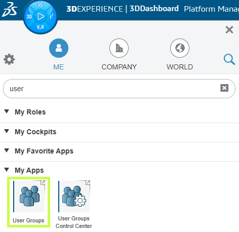 3DEXPERIENCE dashboard displaying available roles and their assignment to platform users.