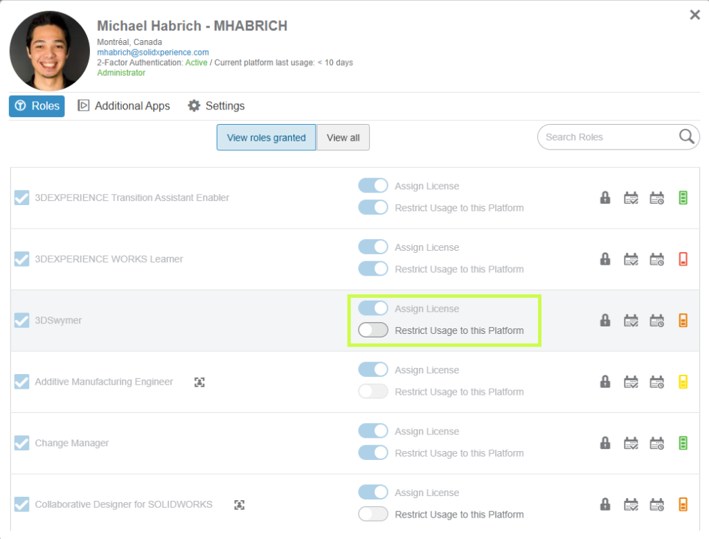 User management dashboard in the 3DEXPERIENCE platform used to assign, modify, and monitor platform roles.