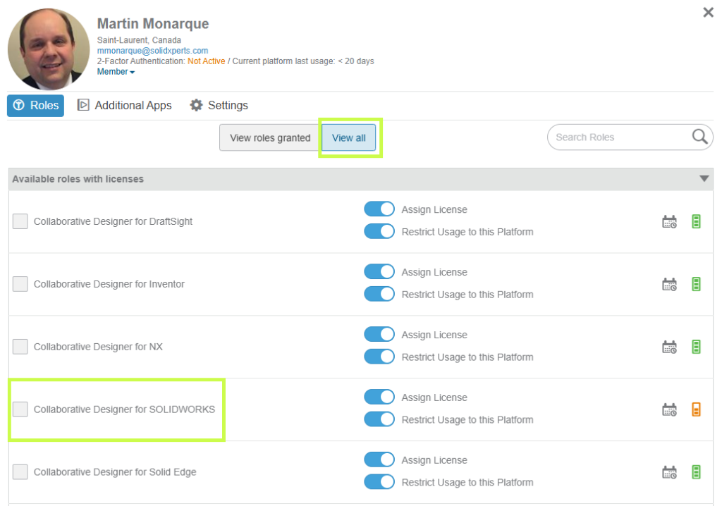 3DEXPERIENCE administration tools used to manage user roles and access permissions.