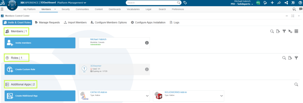 3DEXPERIENCE platform interface displaying tools for managing user roles, access rights, and responsibilities.